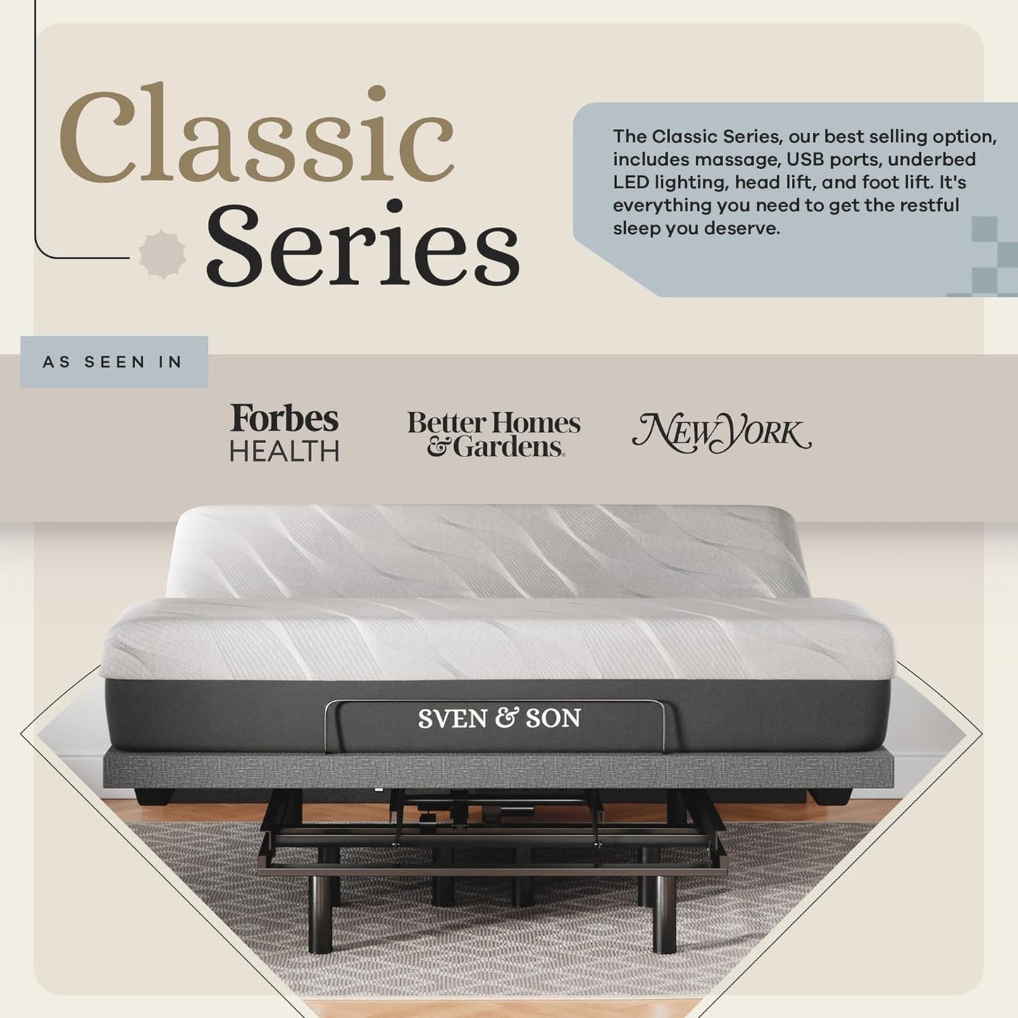 Sven & Son King Adjustable Bed Base Frame + 12” Luxury Cool Gel Memory Foam Mattress, Head up Foot Up, USB Ports, Zero Gravity, Interactive Dual Massage, Wireless, Classic (King)