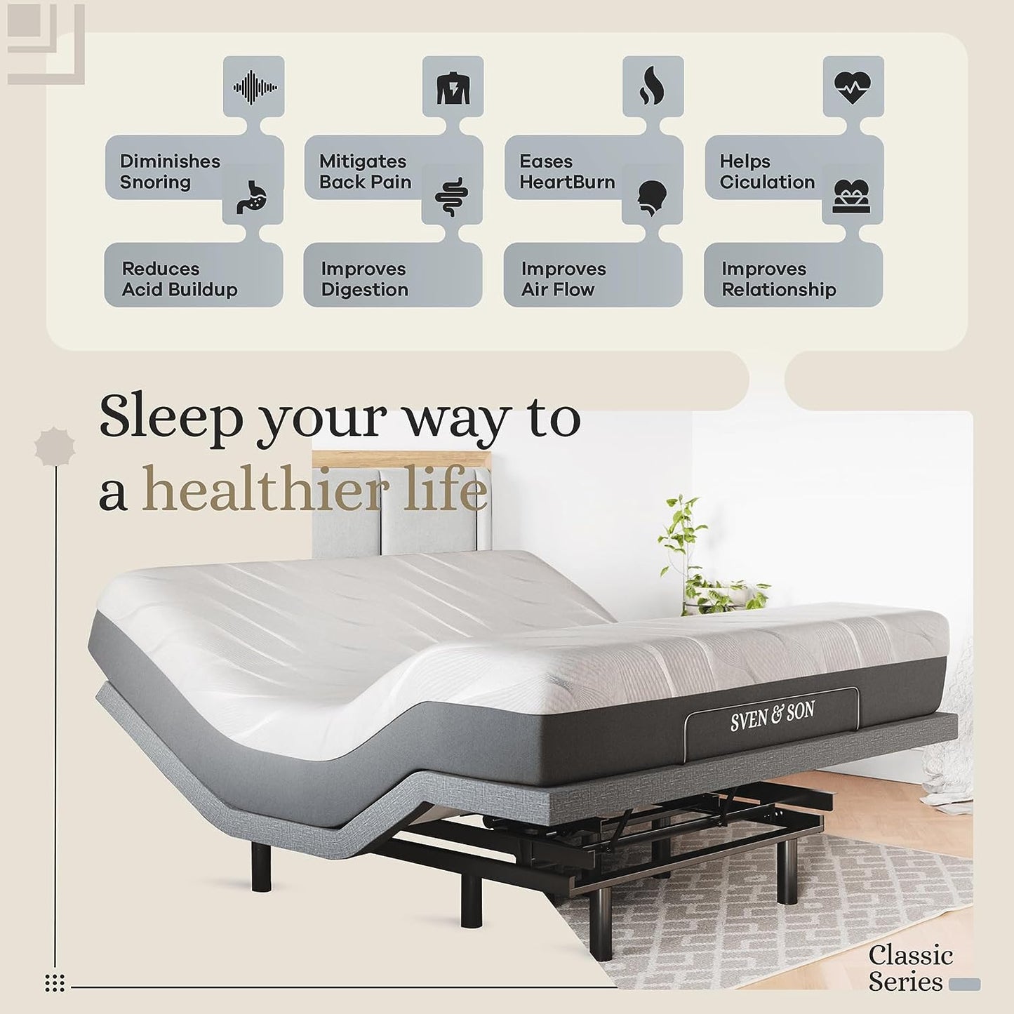 Sven & Son King Adjustable Bed Base Frame + 12” Luxury Cool Gel Memory Foam Mattress, Head up Foot Up, USB Ports, Zero Gravity, Interactive Dual Massage, Wireless, Classic (King)