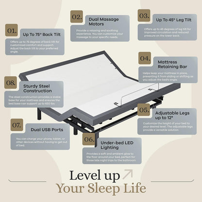 Sven & Son King Adjustable Bed Base Frame + 12” Luxury Cool Gel Memory Foam Mattress, Head up Foot Up, USB Ports, Zero Gravity, Interactive Dual Massage, Wireless, Classic (King)