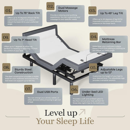 Classic plus (With Head-Tilt) Adjustable Bed Base (Frame) + 14 Inch Hybrid Spring Matt (Medium Soft), Head and Foot Lift, Massage, Under-Bed Lights, USB, Memory, Zero Gravity - Twin XL